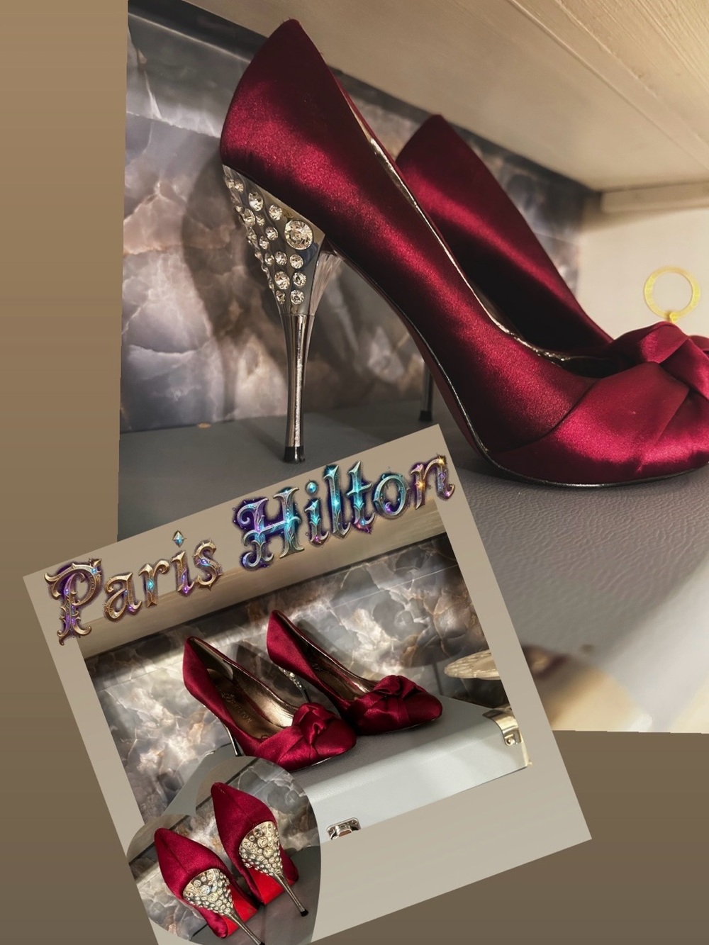 Paris Hilton Magenta Satin Bow Pumps with Crystal-Studded Stiletto Heels